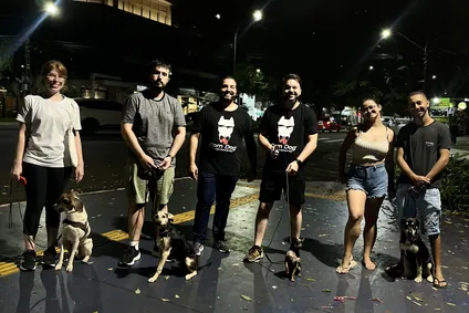 Grupo de profissionais com cães na guia em um shopping